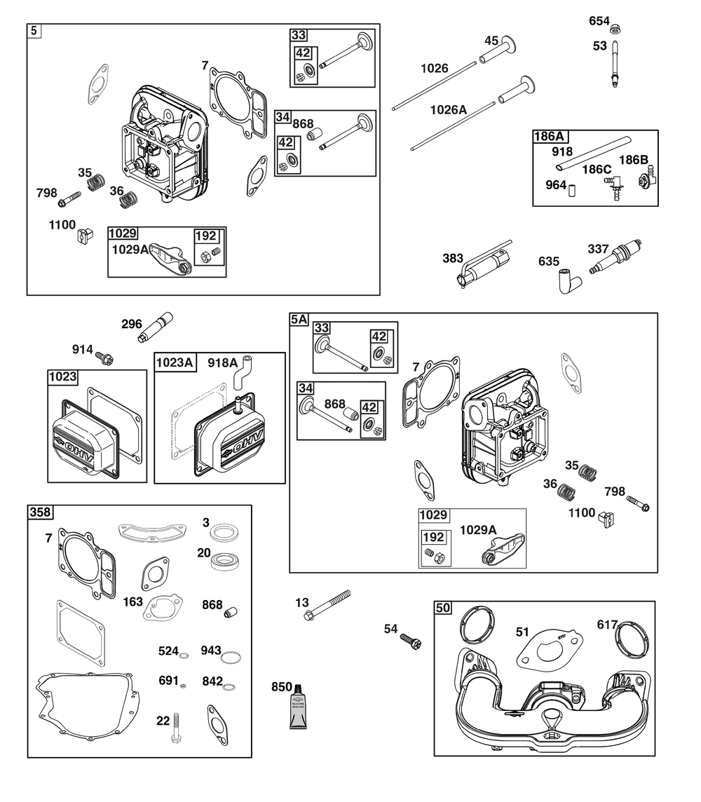 Cylinder Head Group Diagram and Parts List for 44U777-0011-G1 400000 - 699999 Briggs and Stratton Engine
